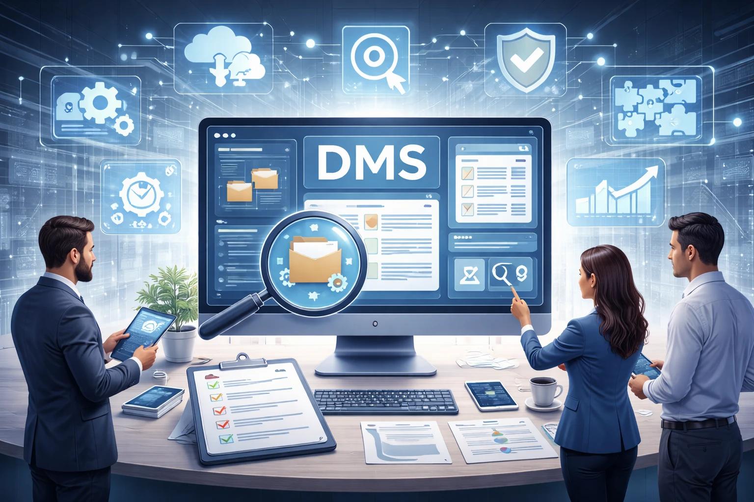 Dealer principal reviewing DMS scorecard on multiple monitors