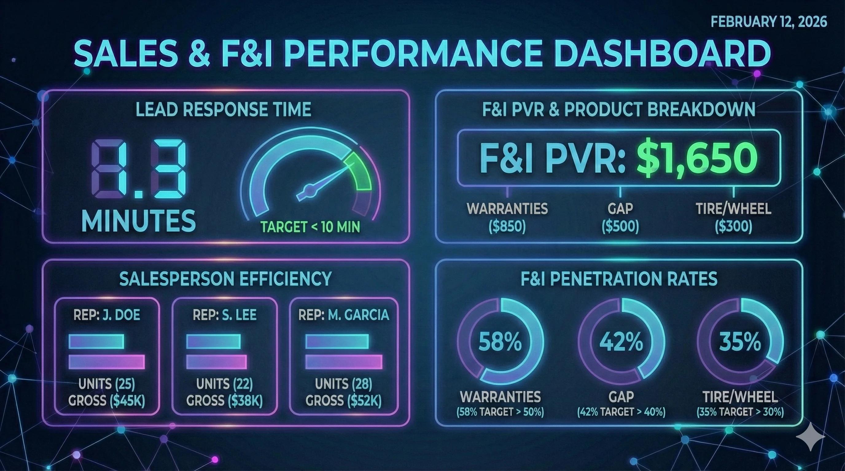 Sales and F&I dashboard showing lead response times, F&I PVR breakdown, and product penetration rates