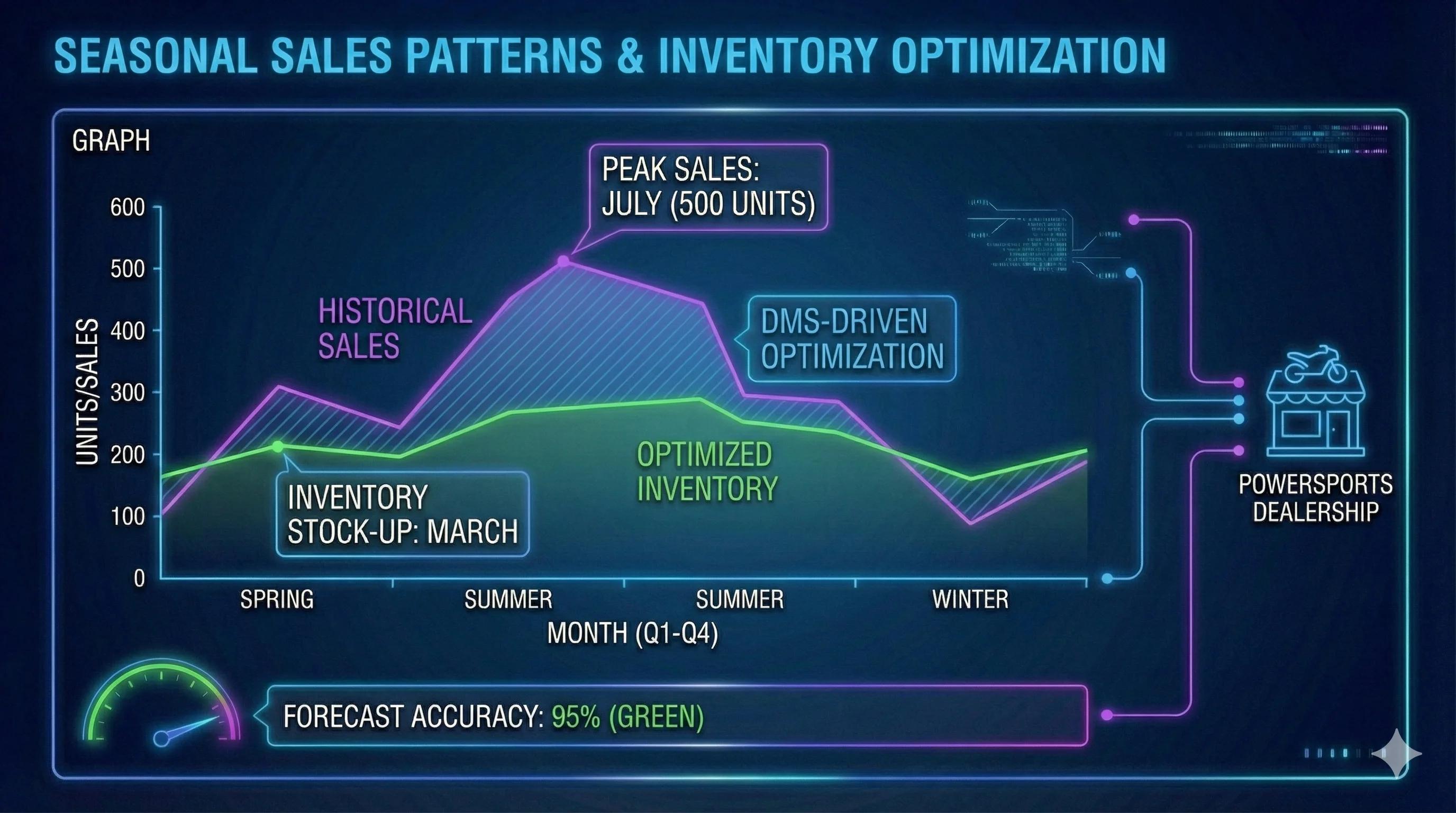 Graph showing seasonal sales patterns with DMS-driven inventory optimization overlay