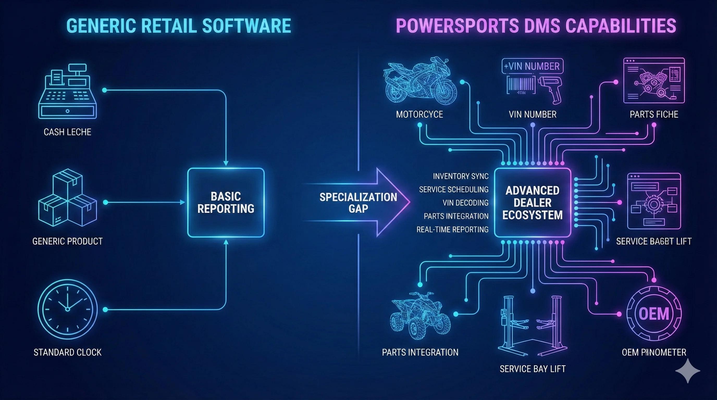 Infographic comparing generic retail software vs specialized powersports DMS capabilities