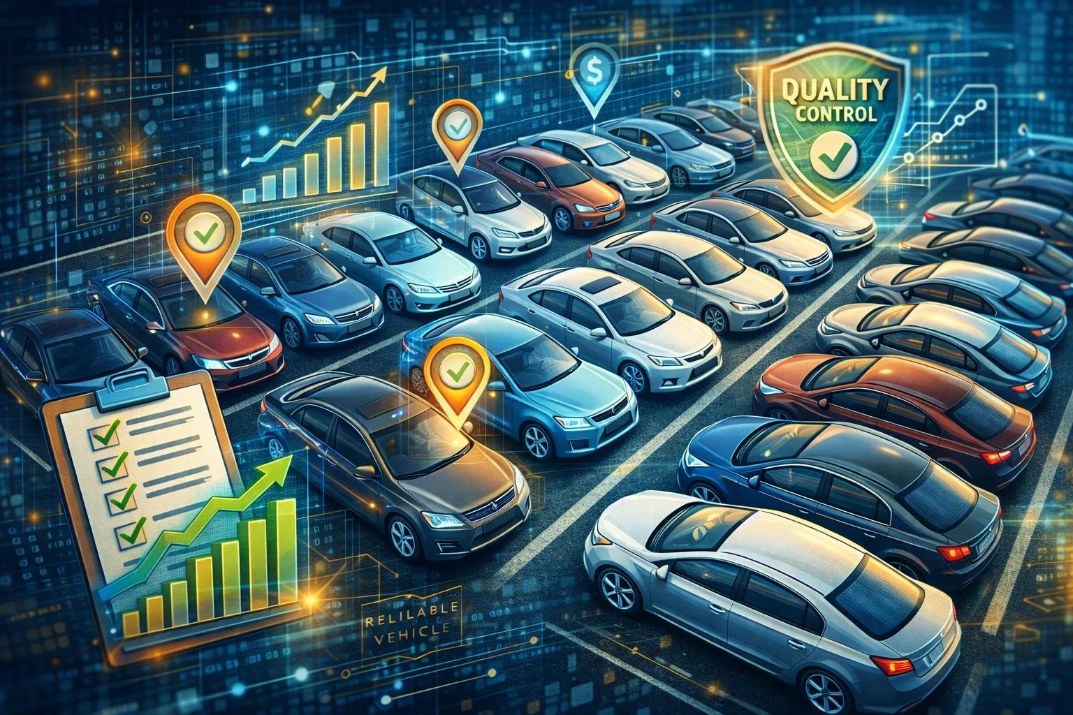 Overhead view of a meticulously organized car lot with various reliable vehicles, symbolizing effective RTO inventory management