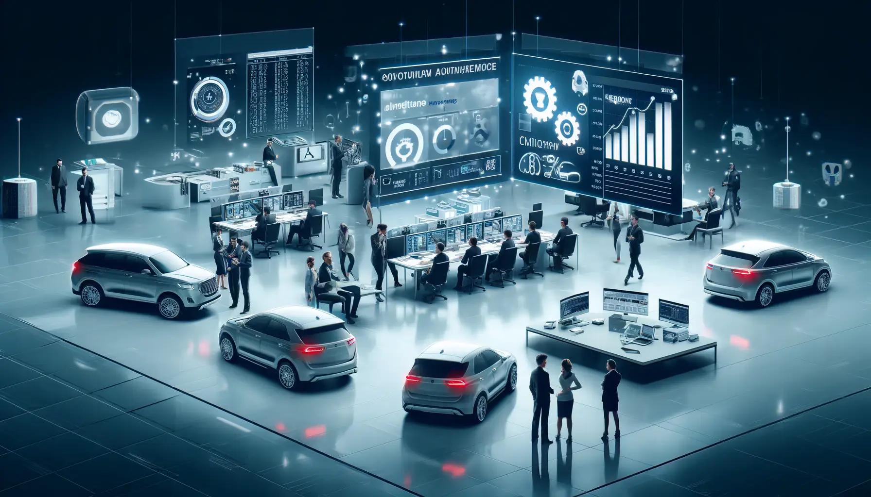 Dealer management system interface showing key benefits including CRM, inventory, and sales tracking