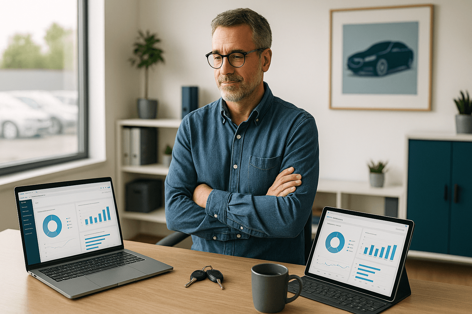 A composed Buy-Here-Pay-Here dealership owner reviewing clean dashboards on a laptop and tablet in a modern office, conveying a smooth, in-control DMS switch.