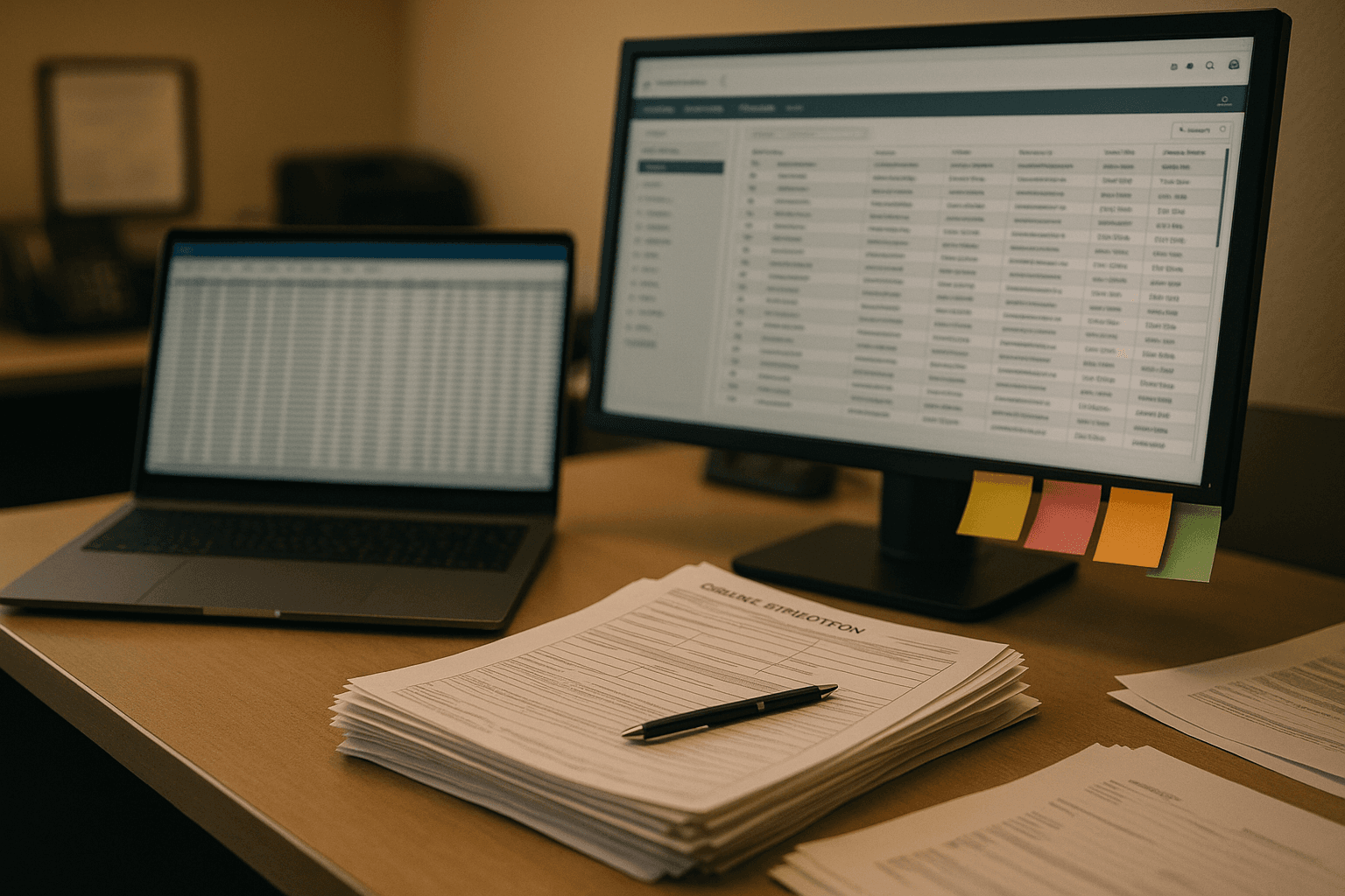 A dealership desk cluttered with a spreadsheet on a laptop, a separate CRM on a second monitor, a stack of paper credit applications, and sticky notes — the reality of running a store across disconnected tools.