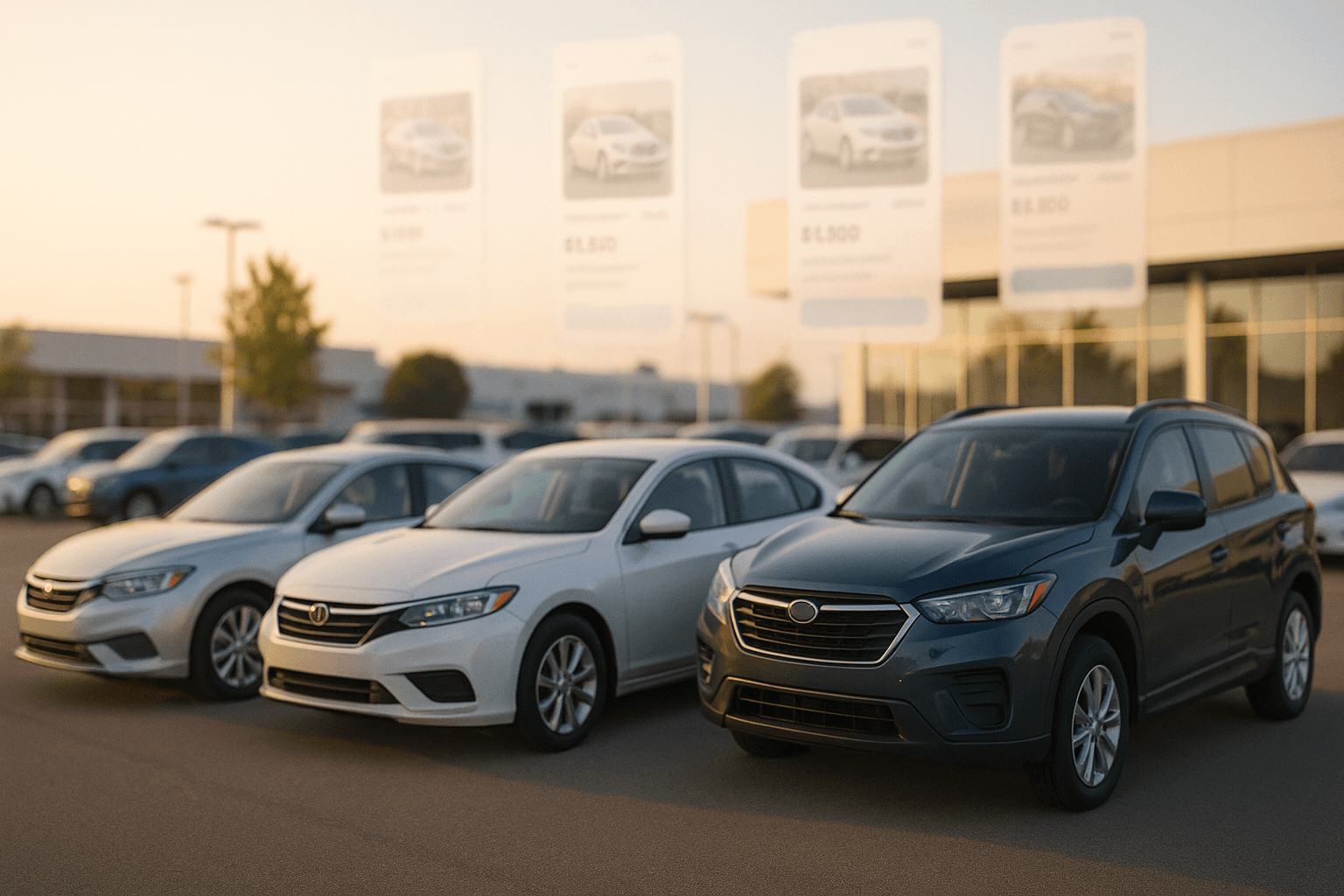 A used-car dealership lot with vehicles, overlaid with floating online listing cards showing the same cars across multiple marketplaces.