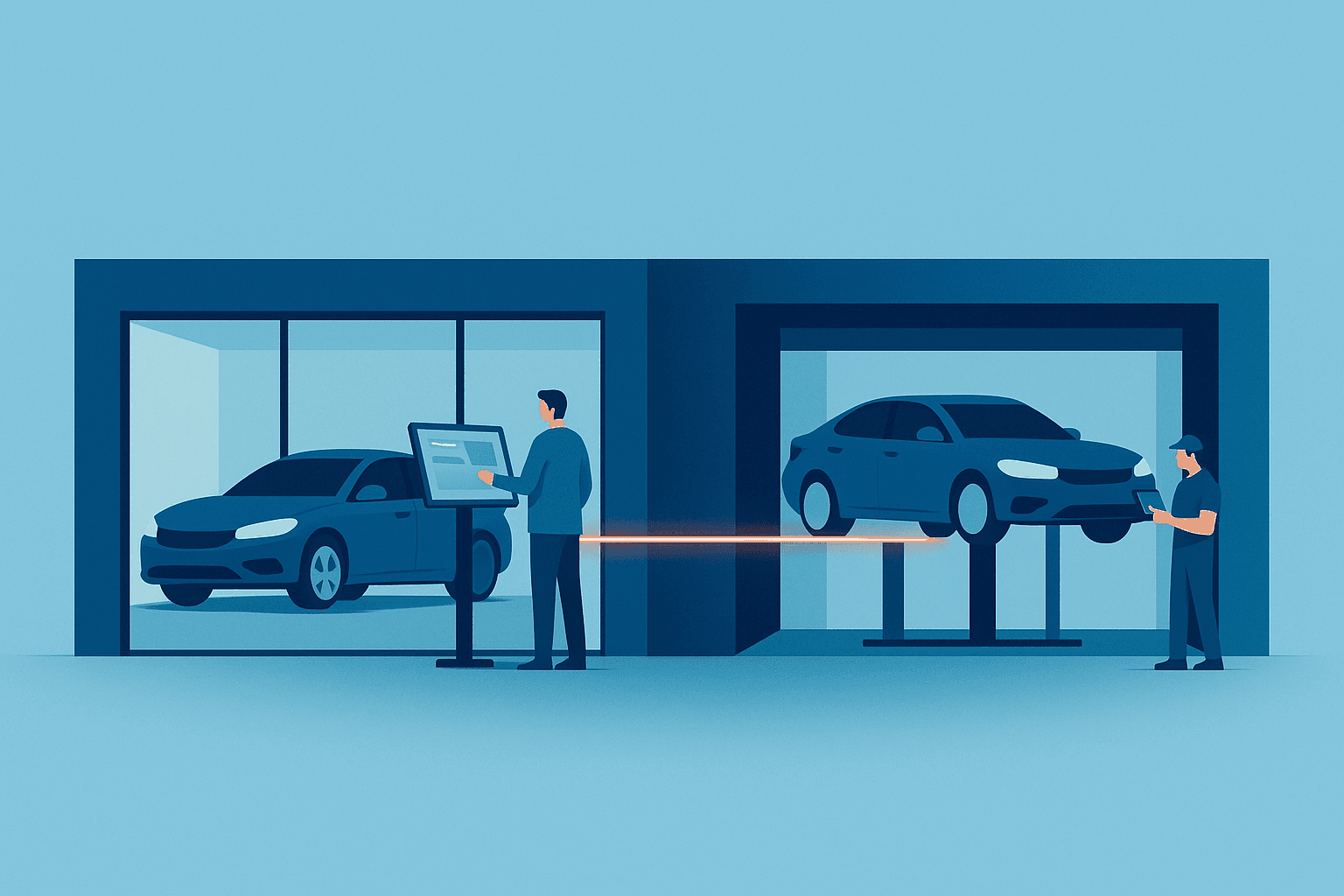 Illustration of a dealership showroom and service bay connected by a single data thread, representing sales and service running in one system.